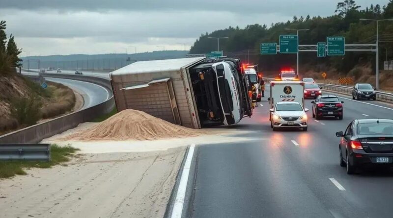 Motorista fica ferido após tombamento de caminhão na BR-101, na Paraíba