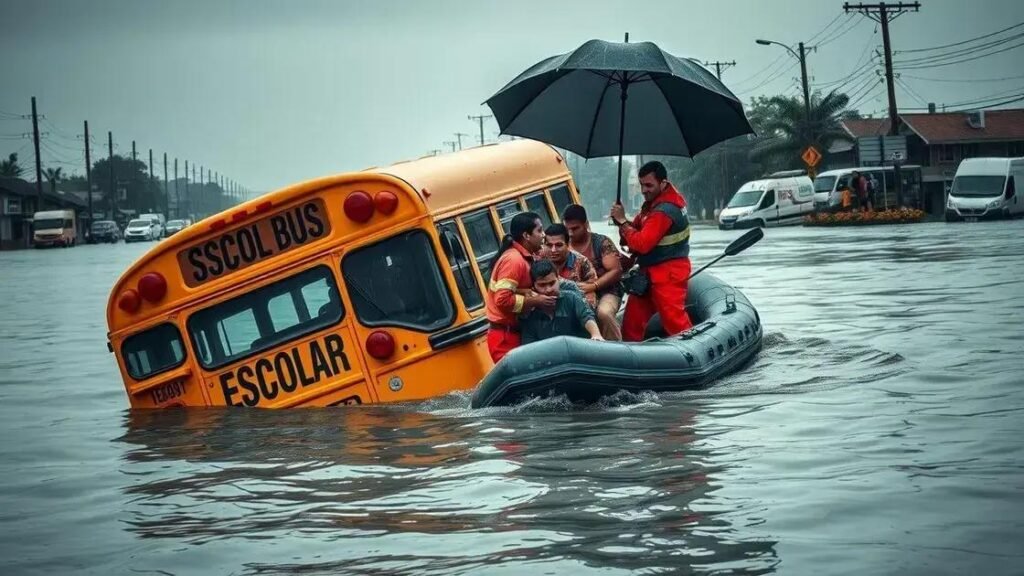 Estudantes resgatados após ônibus preso em alagamento em João Pessoa