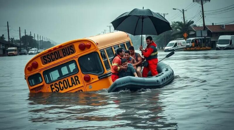Estudantes resgatados após ônibus preso em alagamento em João Pessoa